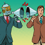A group of diverse professionals working with artificial intelligence technology in an office.